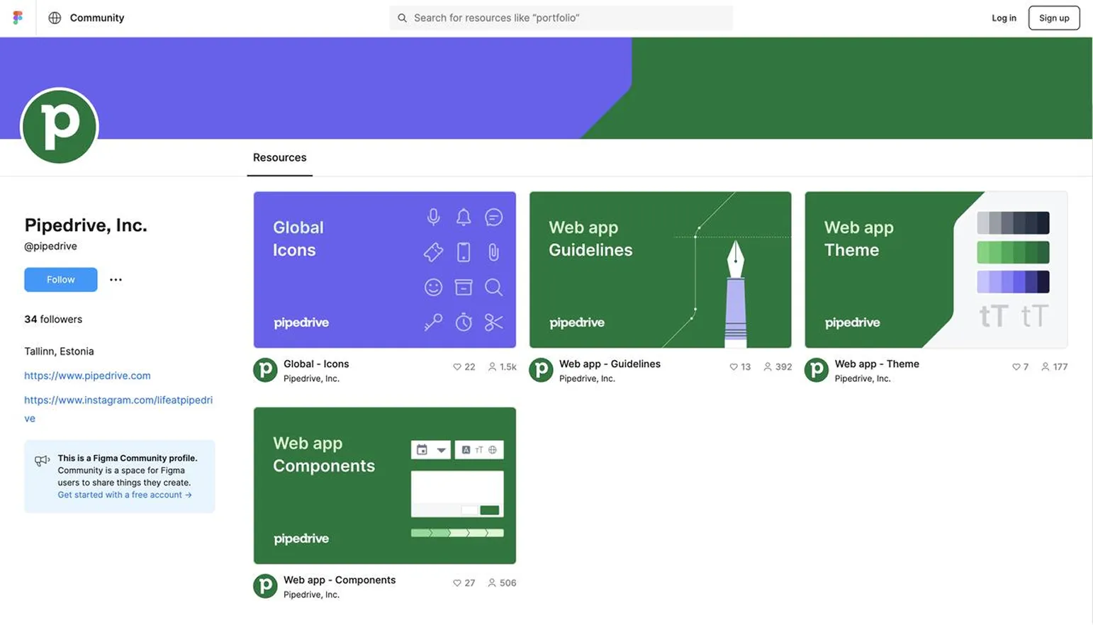 Pipedrive's Figma Community profile showing four published design system files: Global Icons, Web app Guidelines, Web app Theme, and Web app Components