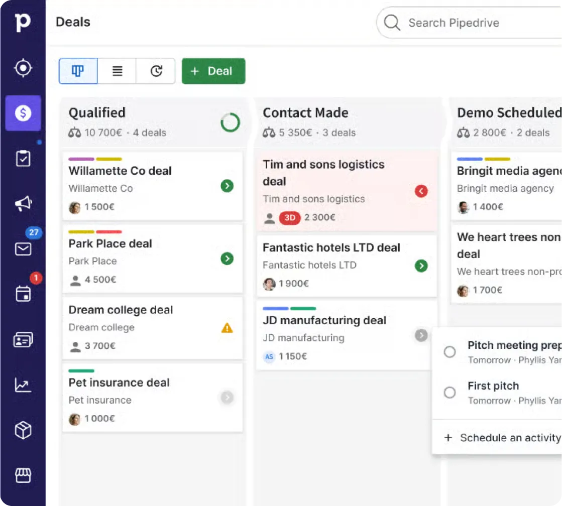 Pipedrive's Deals pipeline view after the visual refresh — lighter sidebar, card-based kanban columns, updated typography and color